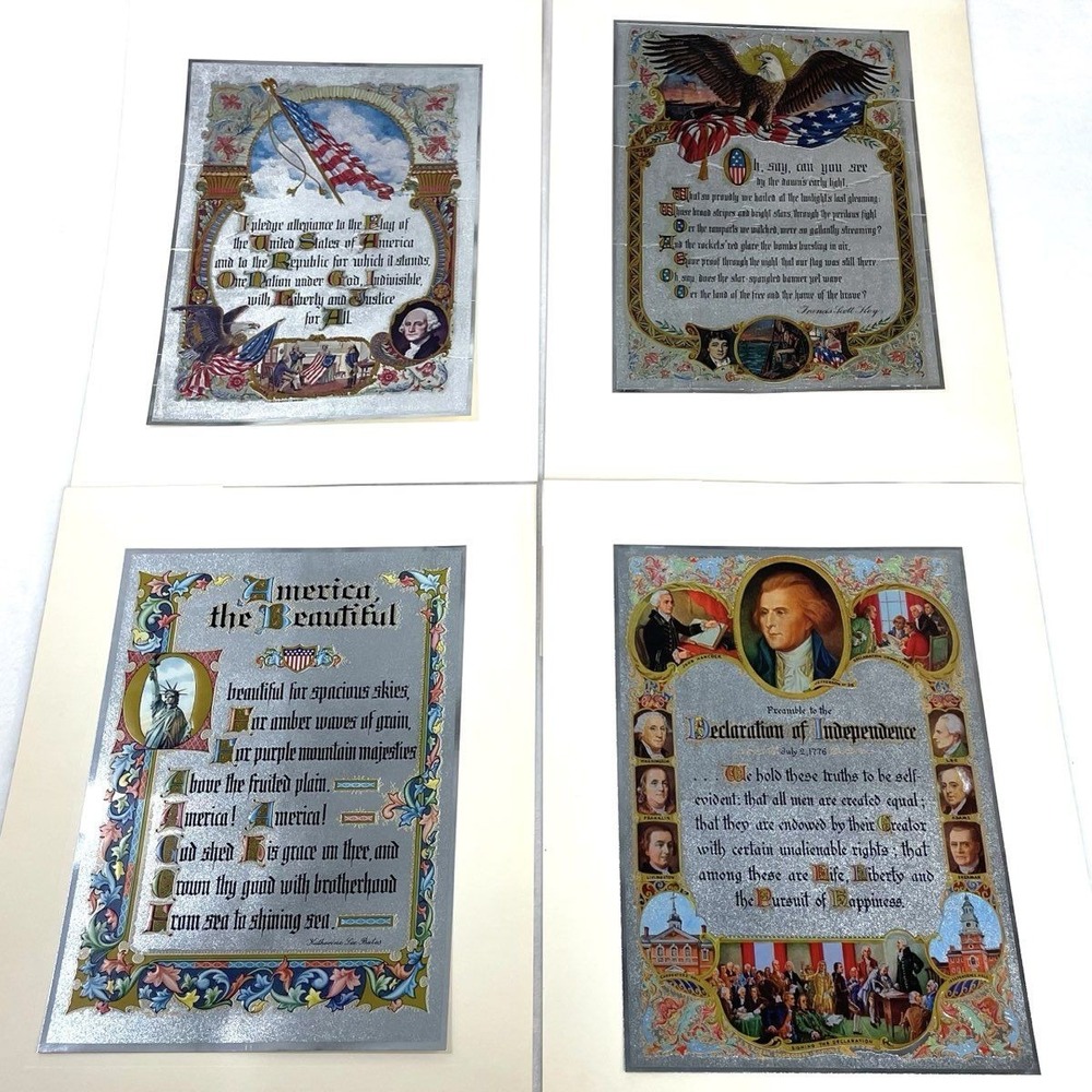4pc VTG Patriotic Foil Embossed Prints America The Beautiful Pledge Declaration